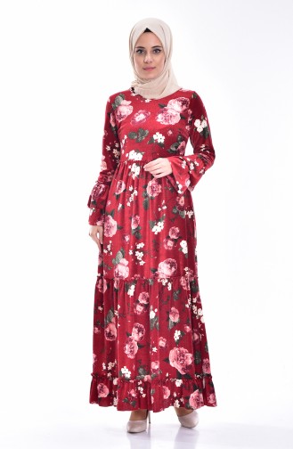 Çiçekli Elbise 4087-01 Bordo