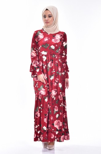 Çiçekli Elbise 4087-01 Bordo
