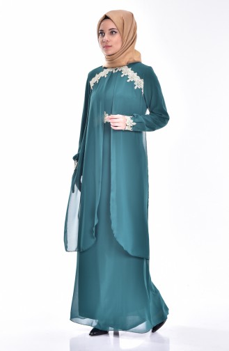 فستان سهرة تفاصيل من الدانتيل3234-02 لون أخضر 3234-02
