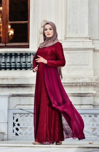 Claret Red Hijab Evening Dress 0408-03