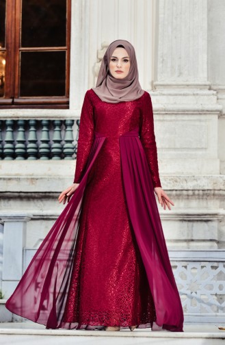 Claret Red Hijab Evening Dress 0408-03