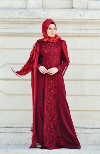 Claret Red Hijab Evening Dress 1013-03