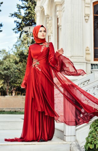 Claret Red Hijab Evening Dress 3061-02