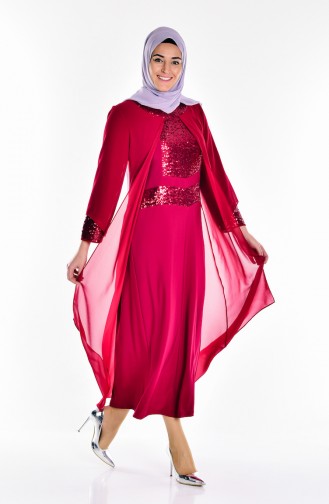 Claret Red Hijab Evening Dress 2180-03