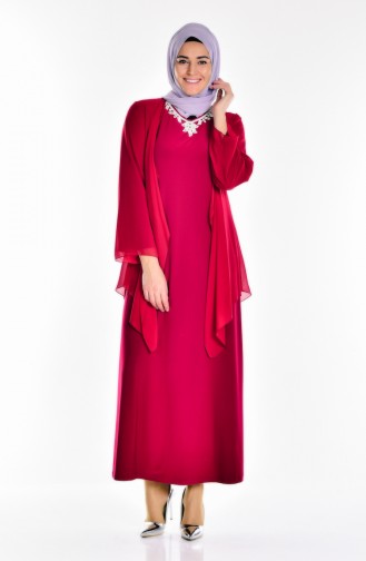 Claret Red Hijab Evening Dress 2186-02