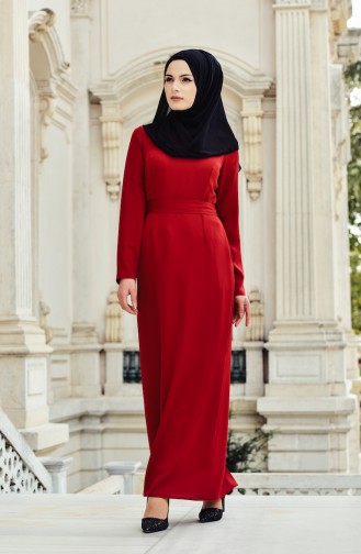 Claret Red Hijab Evening Dress 0007-03