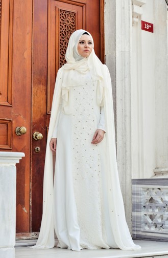Ecru Hijab Evening Dress 1013-02