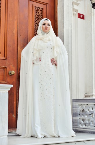 Ecru Hijab Evening Dress 1013-02