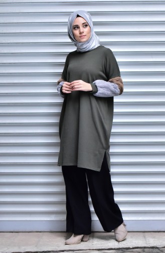 Furry Sleeve Knitwear Sweater 15234-04 Khaki 15234-04