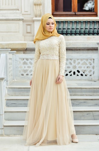 Cream Hijab Evening Dress 9474-01