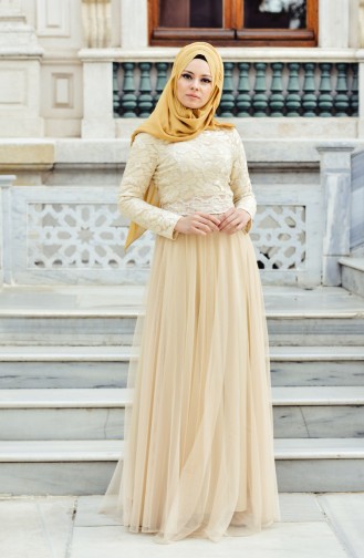 Cream Hijab Evening Dress 9474-01
