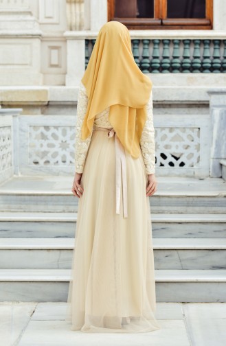 Cream Hijab Evening Dress 9474-01