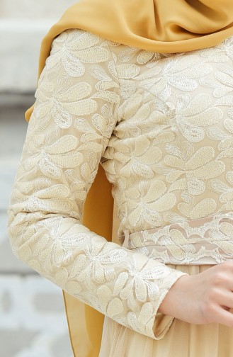 Cream Hijab Evening Dress 9474-01