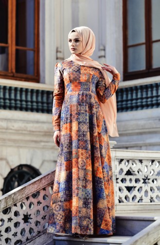 فستان شامواه بتصميم مُطبع 2016-01 لون كحلي وعسلي 2016-01