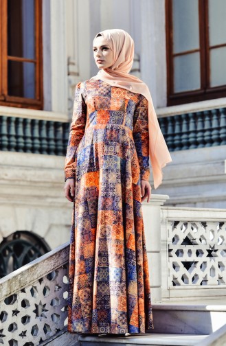 فستان شامواه بتصميم مُطبع 2016-01 لون كحلي وعسلي 2016-01