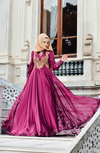 Plum Hijab Evening Dress 1001-03