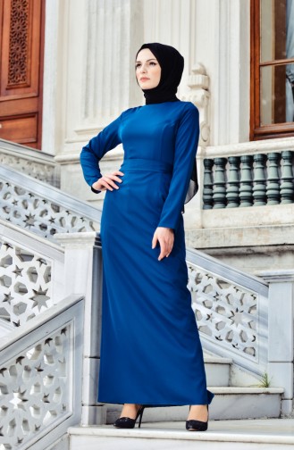 Petrol Hijab Evening Dress 0007-02
