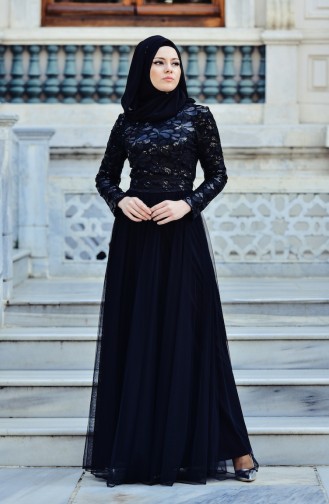Black Hijab Evening Dress 9474-04