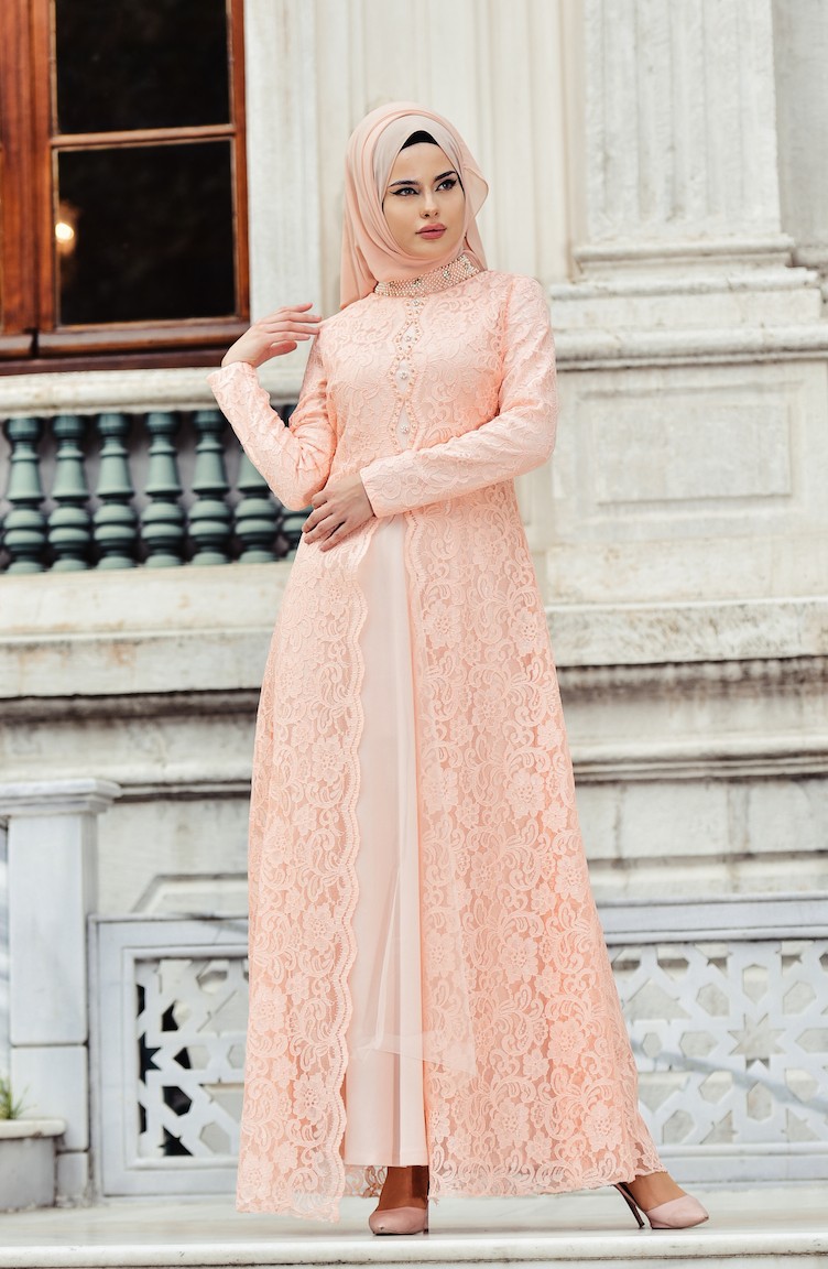 Lacing Covered Evening Dress with Pearl 0529-02 Salmon 0529-02 | Sefamerve Lacing Covered Evening Dress with Pearl 0529-02 Salmon 0529-02 | Sefamerve