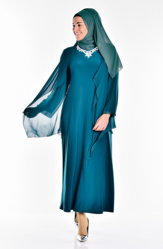 Taş Detaylı Şifon Elbise 2186-01 Zümrüt Yeşili