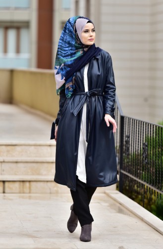 Long Jacket with Leather Belt 41010-02 Navy Blue 41010-02
