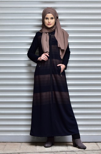 Abaya with Zipper and Print 3034-01 Navy Blue 3034-01