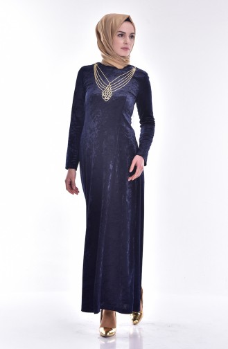 Kolyeli Kadife Elbise 4423-05 Lacivert