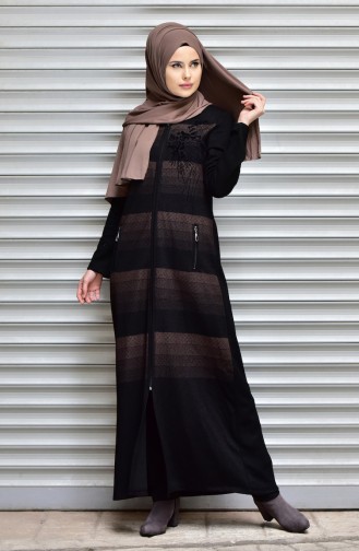 Abaya with Zipper and Print 3034-02 Black 3034-02
