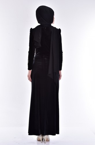 Taş Baskılı Dantelli Kadife Elbise 7010-02 Siyah