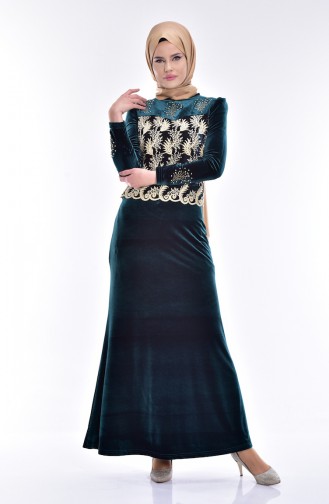 Bedrucktes Samt Kleid mit Spitzen 7010-05 Smaragdgrün 7010-05