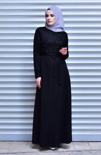 İnci Çakmalı Elbise 8090-01 Siyah