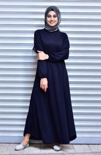 Elastic Sleeve Dress 0006-04 Navy Blue 0006-04