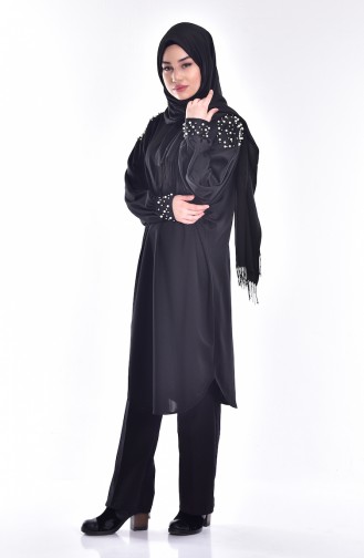 Long Tunic with Pearls 4449-06 Black 4449-06