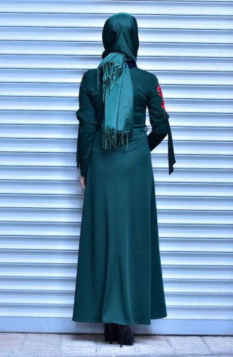 Fiyonk Detaylı Nakışlı Elbise 5077-01 Zümrüt Yeşili