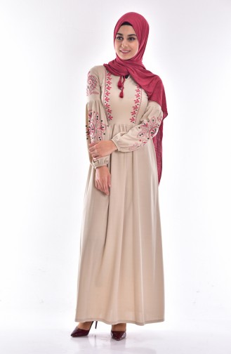 Decorated Dress with Print 3848-03 Beige 3848-03