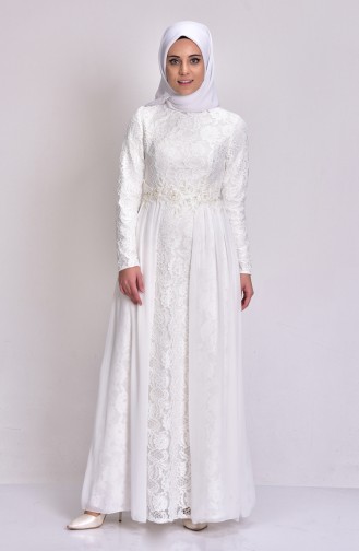 Ecru Hijab Evening Dress 0112-02