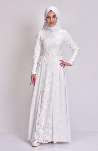 Ecru Hijab Evening Dress 0112-02