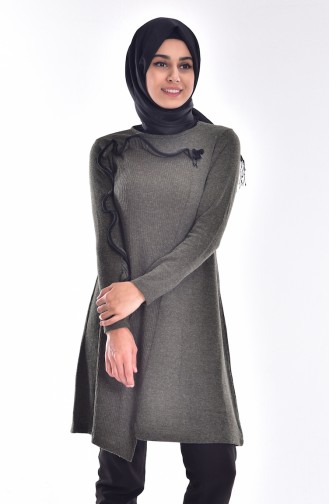 Fırfır Detaylı Triko Kazak 0694-04 Haki