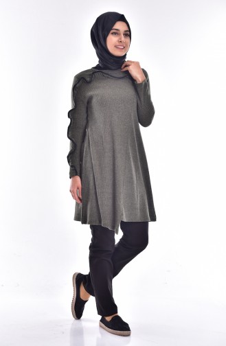 Fırfır Detaylı Triko Kazak 0694-04 Haki