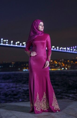 Merve Lion Embroidered Shawl Evening Dress 0009-01 Damson 0009-01