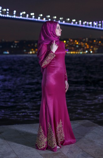 Merve Lion Embroidered Shawl Evening Dress 0009-01 Damson 0009-01