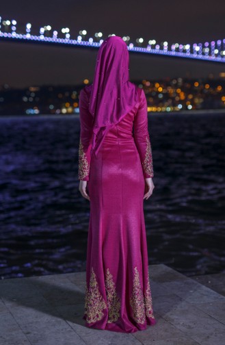 Merve Lion Embroidered Shawl Evening Dress 0009-01 Damson 0009-01