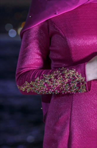 Merve Lion Embroidered Shawl Evening Dress 0009-01 Damson 0009-01