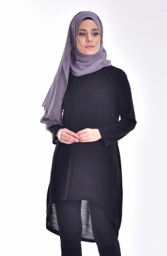 Asymmetrischer Pullover mit Perlen 0704-03 Schwarz 0704-03
