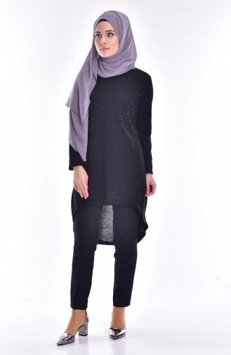 Asymmetrischer Pullover mit Perlen 0704-03 Schwarz 0704-03