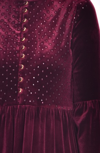 Taş Ve Düğme Detaylı Kadife Elbise 1529-07 Bordo
