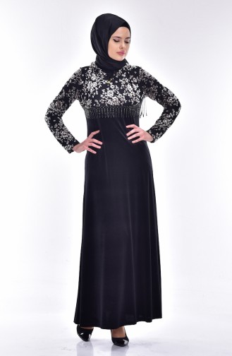 Flower Decorated Velvet Dress 1532-03 Black Cream 1532-03