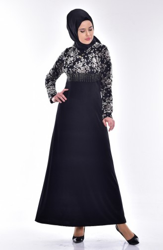 Flower Decorated Velvet Dress 1532-03 Black Cream 1532-03