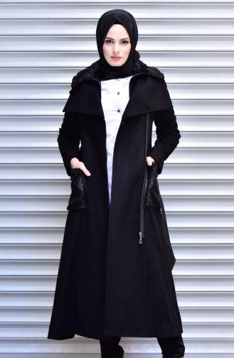 SUKRAN Fur Detailed Long Coat 35797-01 Black 35797-01