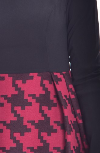 Kazayağı Desenli Elbise 2027-01 Bordo Siyah